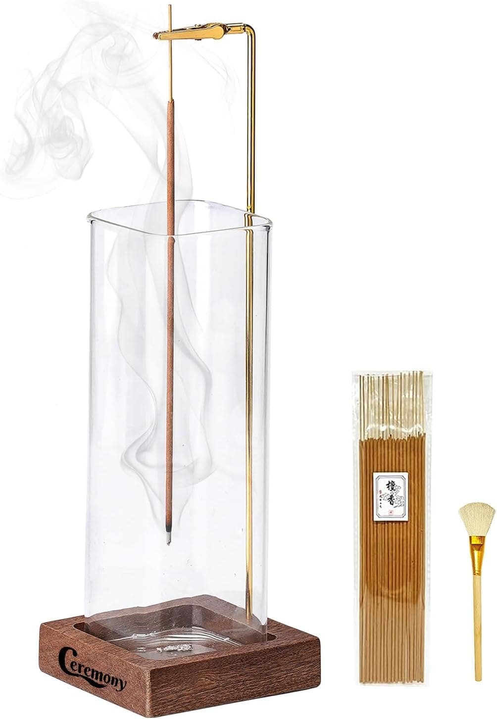 Ceremony Wooden Incense Holder with Glass Ash Catcher